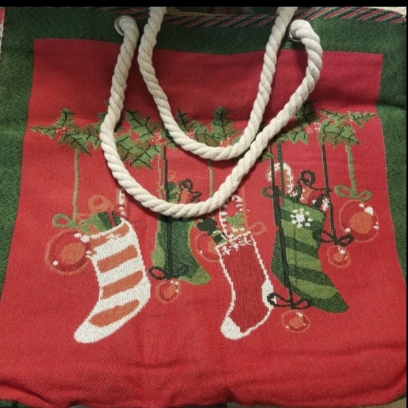 Holiday Christmas Tote Bag Shopping Embroidered Stockings Design Rope Handles - Picture 5 of 5
